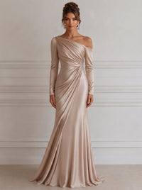 A Line/Princesses Evening Dresses Ruched Champagne Satin One Shoulder Long Sleeves Floor-Length Formal Maxi Dress Wedding Guest Dress
