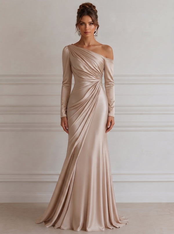 A Line/Princesses Evening Dresses Ruched Champagne Satin One Shoulder Long Sleeves Floor-Length Formal Maxi Dress Wedding Guest Dress
