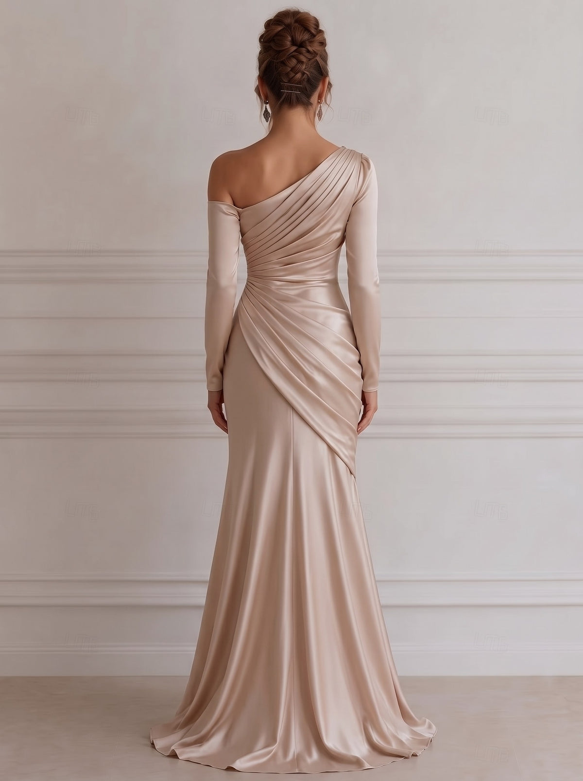 A Line/Princesses Evening Dresses Ruched Champagne Satin One Shoulder Long Sleeves Floor-Length Formal Maxi Dress Wedding Guest Dress