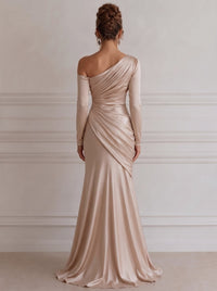 A Line/Princesses Evening Dresses Ruched Champagne Satin One Shoulder Long Sleeves Floor-Length Formal Maxi Dress Wedding Guest Dress