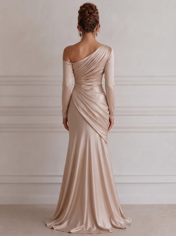 A Line/Princesses Evening Dresses Ruched Champagne Satin One Shoulder Long Sleeves Floor-Length Formal Maxi Dress Wedding Guest Dress