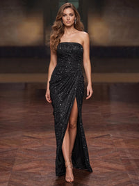 Sheath Evening Gown Strapless Sparkly Shimmering Lurex Sleeveless Runched Side Slit Party Dress