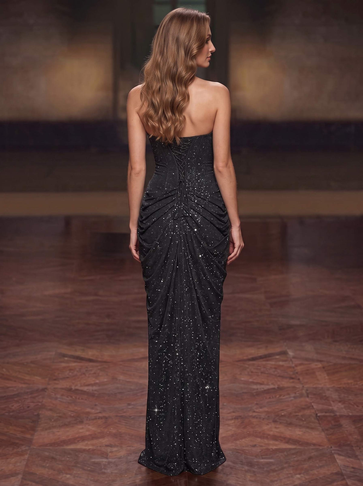 Sheath Evening Gown Strapless Sparkly Shimmering Lurex Sleeveless Runched Side Slit Party Dress