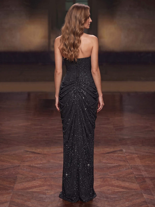 Sheath Evening Gown Strapless Sparkly Shimmering Lurex Sleeveless Runched Side Slit Party Dress