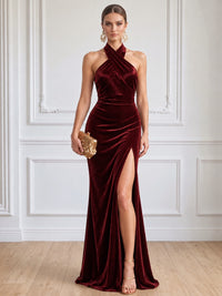 Sheath Velvet Evening Gown Floor Length Halter Neck Runched Burgundy Sleeveless Elegant Formal Wedding Guest Dress WIth High Front Slit