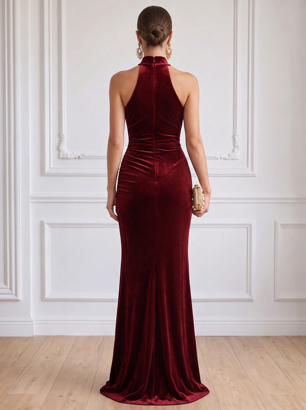 Sheath Velvet Evening Gown Floor Length Halter Neck Runched Burgundy Sleeveless Elegant Formal Wedding Guest Dress WIth High Front Slit