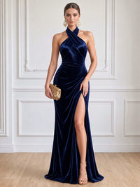 Sheath Velvet Evening Gown Floor Length Halter Neck Runched Burgundy Sleeveless Elegant Formal Wedding Guest Dress WIth High Front Slit