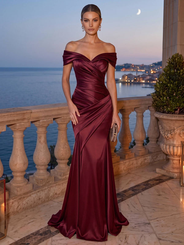 Mermaid Evening Dress Satin Off-The-Shoulder Sleeveless Floor Length Runched Burgundy Formal Wedding Guest Dress