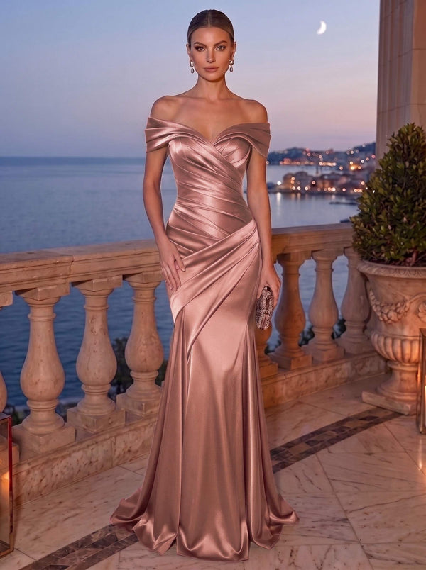 Mermaid Evening Dress Satin Off-The-Shoulder Sleeveless Floor Length Runched Burgundy Formal Wedding Guest Dress