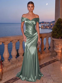 Mermaid Evening Dress Satin Off-The-Shoulder Sleeveless Floor Length Runched Burgundy Formal Wedding Guest Dress