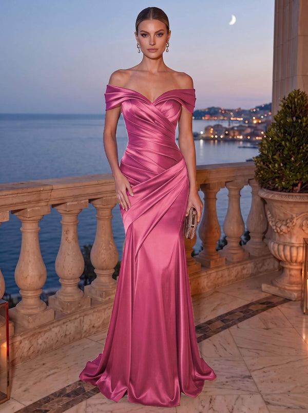 Mermaid Evening Dress Satin Off-The-Shoulder Sleeveless Floor Length Runched Burgundy Formal Wedding Guest Dress