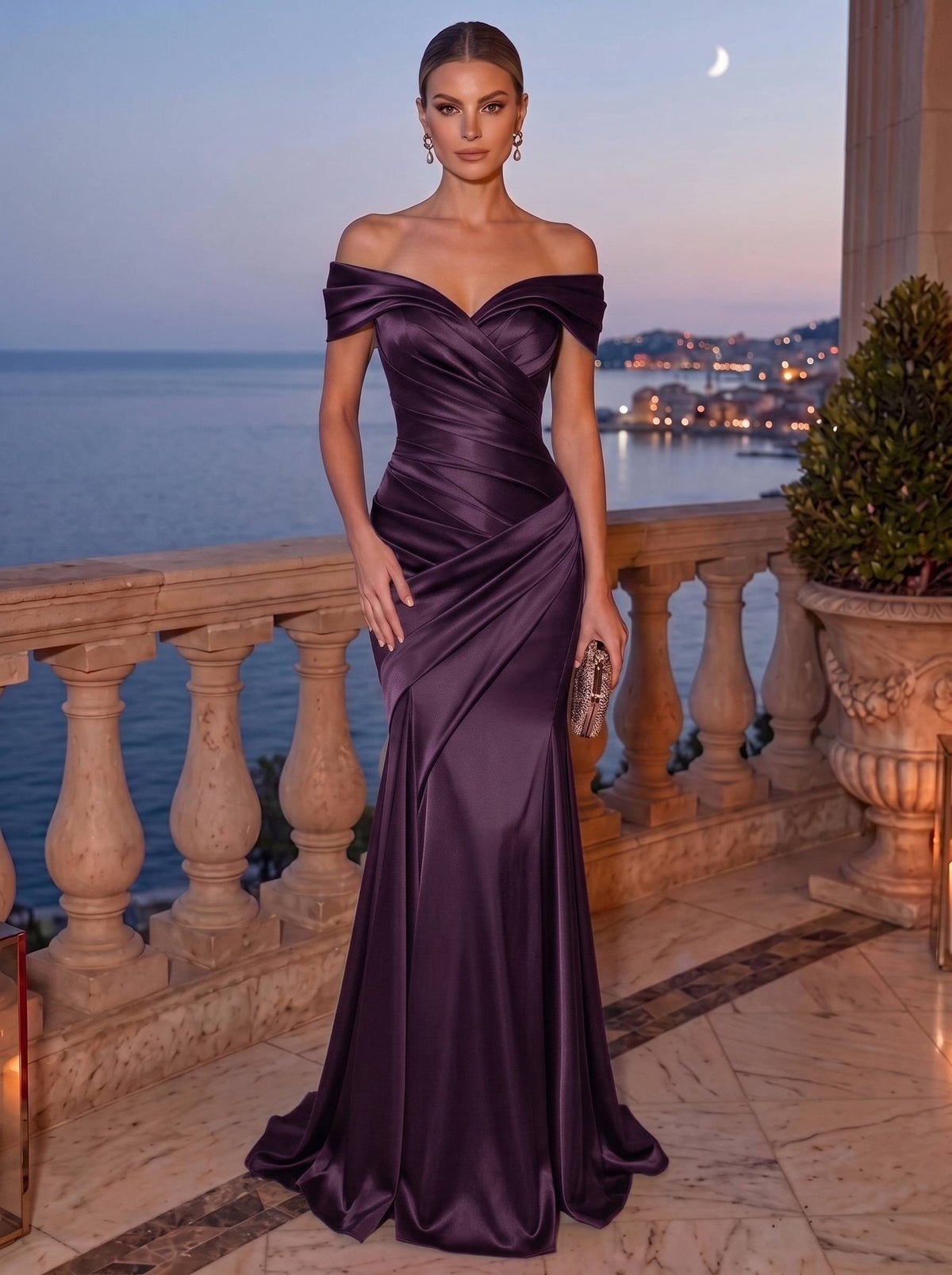 Mermaid Evening Dress Satin Off-The-Shoulder Sleeveless Floor Length Runched Burgundy Formal Wedding Guest Dress