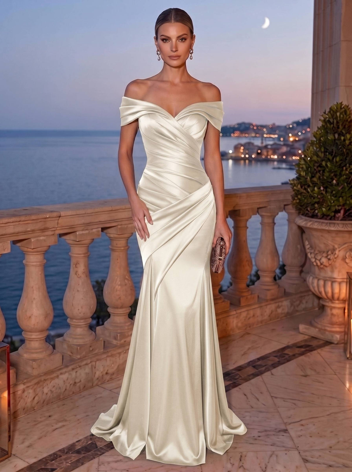 Mermaid Evening Dress Satin Off-The-Shoulder Sleeveless Floor Length Runched Burgundy Formal Wedding Guest Dress