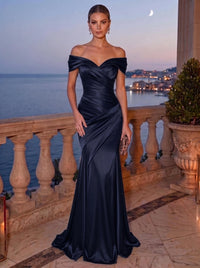 Mermaid Evening Dress Satin Off-The-Shoulder Sleeveless Floor Length Runched Burgundy Formal Wedding Guest Dress