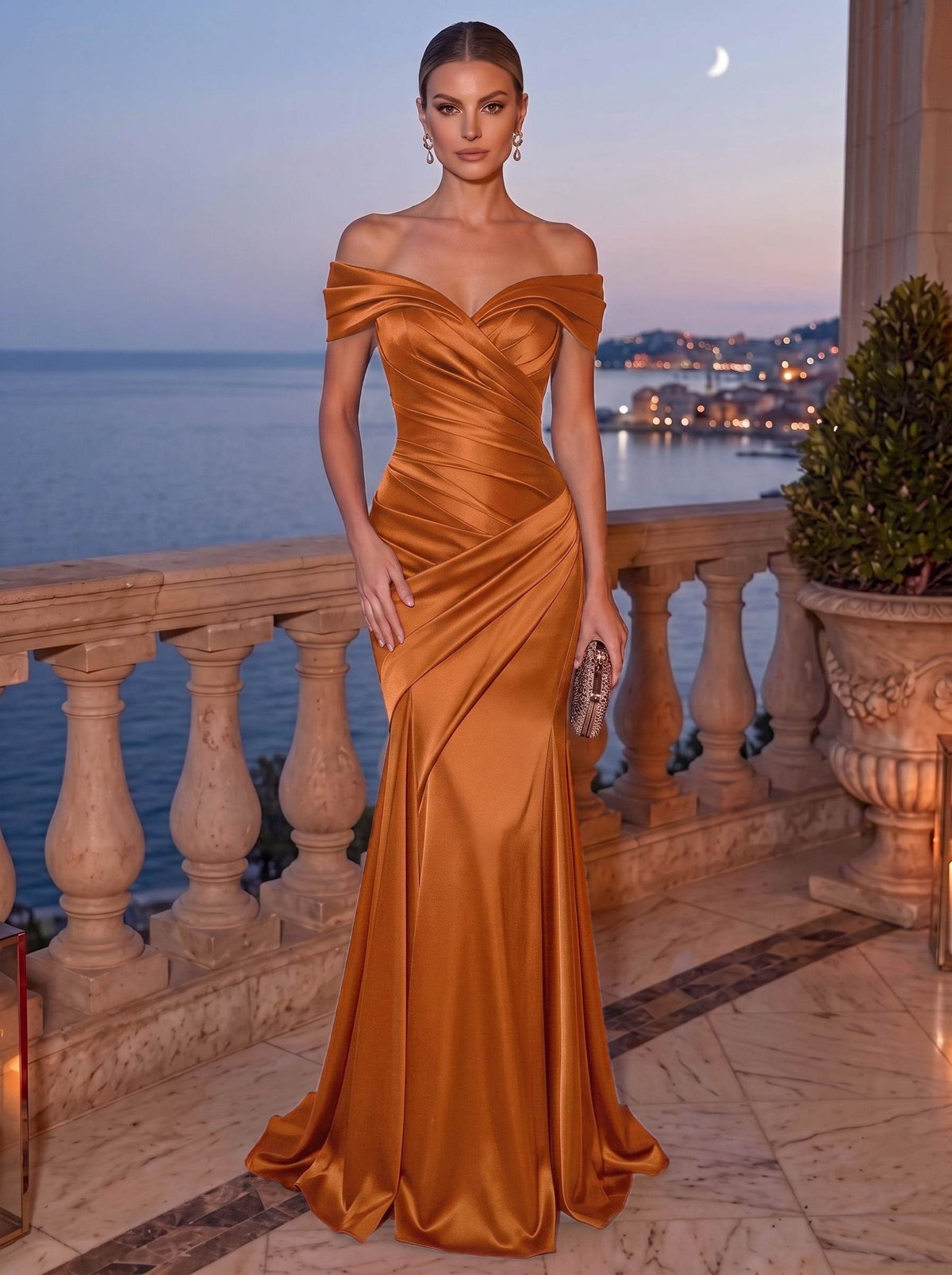 Mermaid Evening Dress Satin Off-The-Shoulder Sleeveless Floor Length Runched Burgundy Formal Wedding Guest Dress