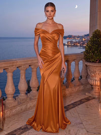 Mermaid Evening Dress Satin Off-The-Shoulder Sleeveless Floor Length Runched Burgundy Formal Wedding Guest Dress