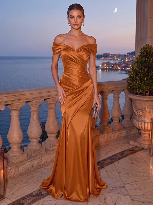 Mermaid Evening Dress Satin Off-The-Shoulder Sleeveless Floor Length Runched Burgundy Formal Wedding Guest Dress
