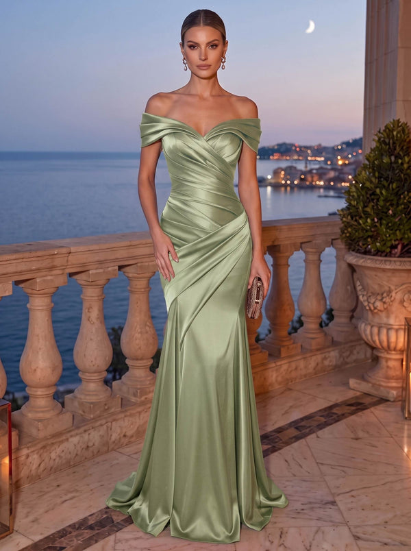 Mermaid Evening Dress Satin Off-The-Shoulder Sleeveless Floor Length Runched Burgundy Formal Wedding Guest Dress