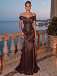 Mermaid Evening Dress Satin Off-The-Shoulder Sleeveless Floor Length Runched Burgundy Formal Wedding Guest Dress