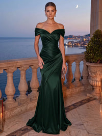 Mermaid Evening Dress Satin Off-The-Shoulder Sleeveless Floor Length Runched Burgundy Formal Wedding Guest Dress