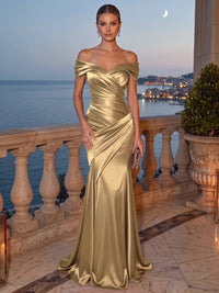 Mermaid Evening Dress Satin Off-The-Shoulder Sleeveless Floor Length Runched Burgundy Formal Wedding Guest Dress