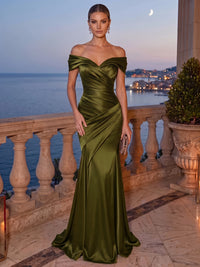 Mermaid Evening Dress Satin Off-The-Shoulder Sleeveless Floor Length Runched Burgundy Formal Wedding Guest Dress