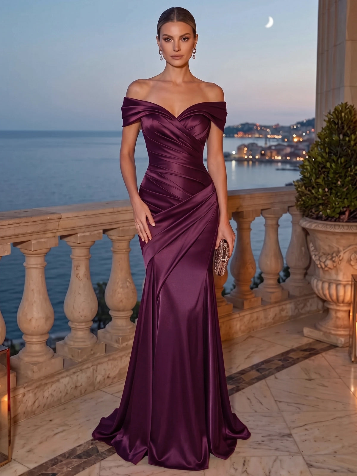 Mermaid Evening Dress Satin Off-The-Shoulder Sleeveless Floor Length Runched Burgundy Formal Wedding Guest Dress