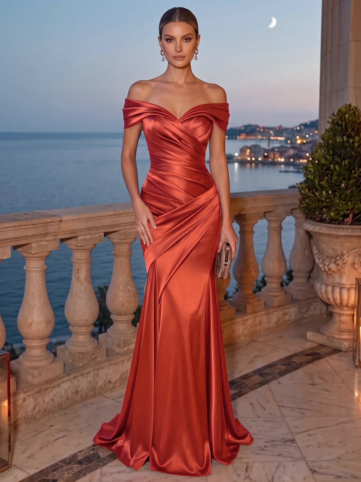 Mermaid Evening Dress Satin Off-The-Shoulder Sleeveless Floor Length Runched Burgundy Formal Wedding Guest Dress