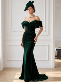 Mermaid Velvet Evening Gown Floor Length Off The Shoulder Runched Dark Green Sleeveless Elegant Formal Wedding Guest Dress