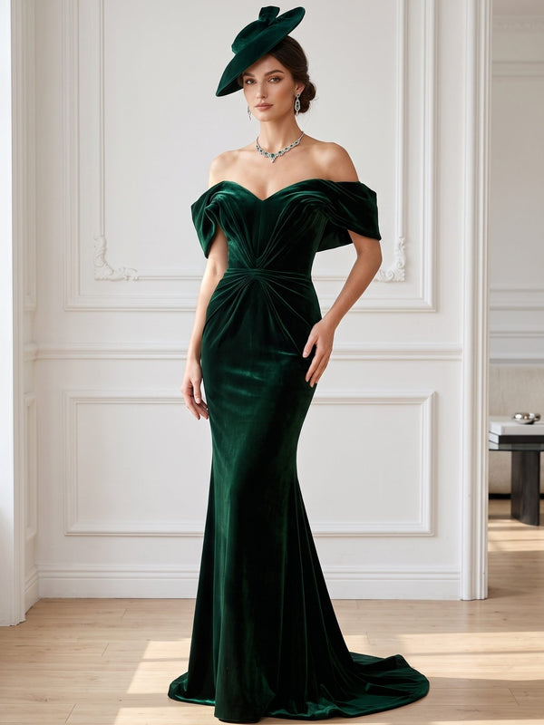 Mermaid Velvet Evening Gown Floor Length Off The Shoulder Runched Dark Green Sleeveless Elegant Formal Wedding Guest Dress