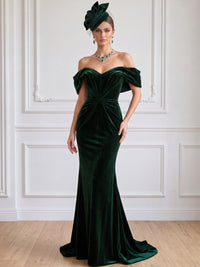 Mermaid Velvet Evening Gown Floor Length Off The Shoulder Runched Dark Green Sleeveless Elegant Formal Wedding Guest Dress