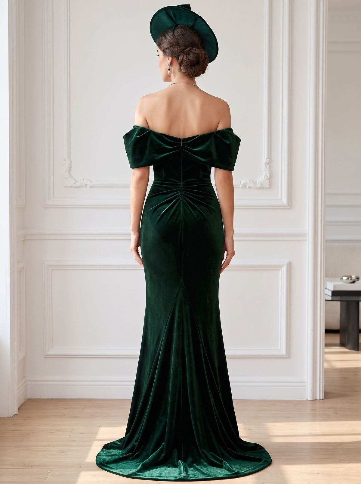 Mermaid Velvet Evening Gown Floor Length Off The Shoulder Runched Dark Green Sleeveless Elegant Formal Wedding Guest Dress