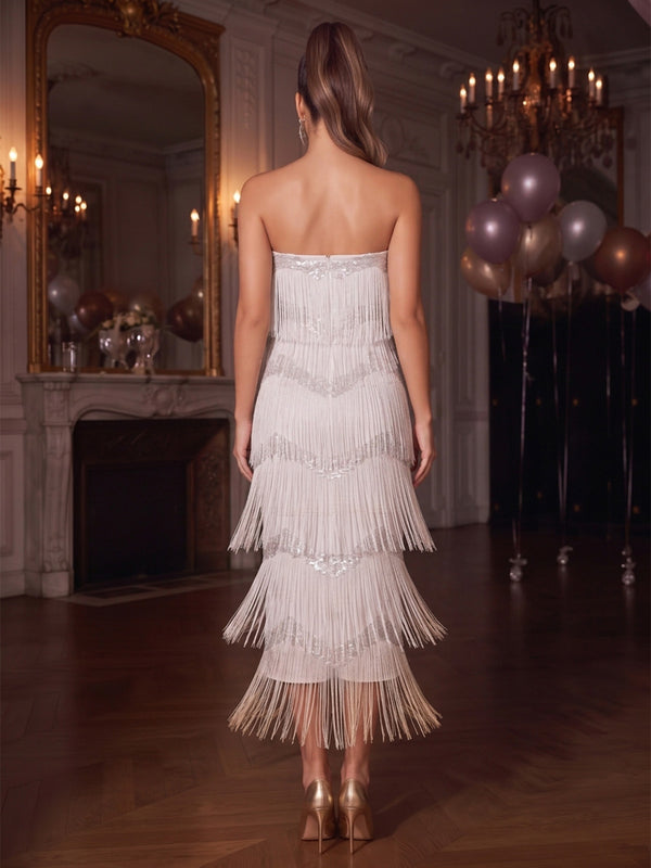 Sheath/Column Party Formal Sequins Finged Dress Evening Dresses Strapless Formal Floor Length Sparkly Party Dress