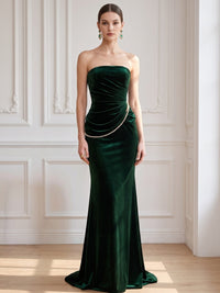 Sheath Velvet Evening Gown Floor Length Strapless Runched Dark Green Sleeveless Elegant Formal Wedding Guest Dress With Pearl