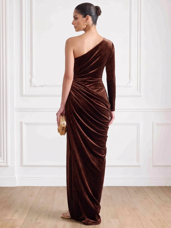 Sheath Velvet Evening Gown Floor Length One Shoulder Runched Brown Long Sleeves Elegant Formal Draped Wedding Guest Dress