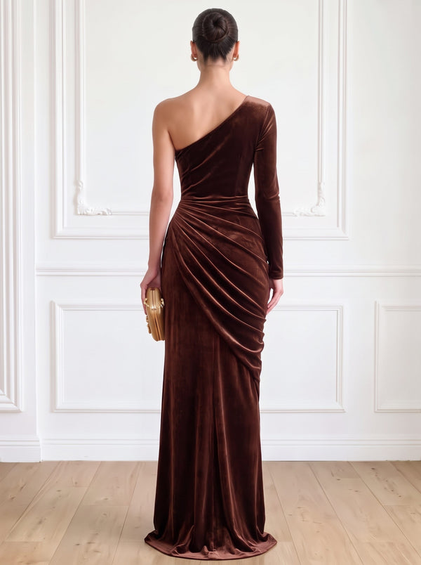 Sheath Velvet Evening Gown Floor Length One Shoulder Runched Brown Long Sleeves Elegant Formal Runched Wedding Guest Dress