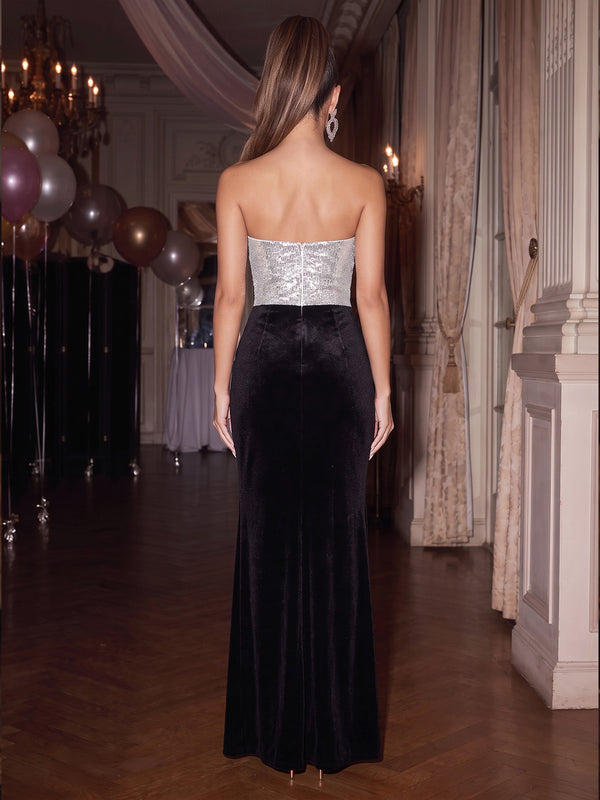 Sheath/Column Party Dresses Sleeveless Strapless Silver Sequins Velvet Formal Sparkly Party Dress With High Slit