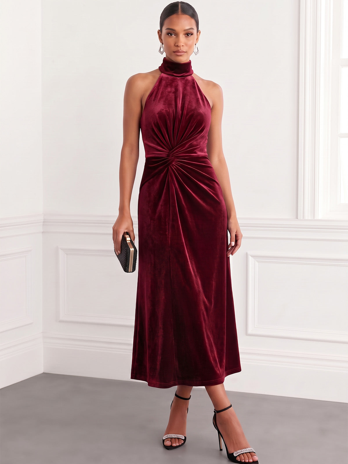 Sheath Velvet Cocktail Dress Tea Length Runched Halter Neck Burgundy Sleeveless Elegant Formal Runched Wedding Guest Dress