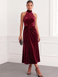 Sheath Velvet Cocktail Dress Tea Length Runched Halter Neck Burgundy Sleeveless Elegant Formal Runched Wedding Guest Dress