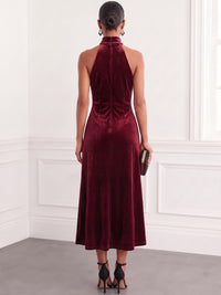 Sheath Velvet Cocktail Dress Tea Length Runched Halter Neck Burgundy Sleeveless Elegant Formal Runched Wedding Guest Dress