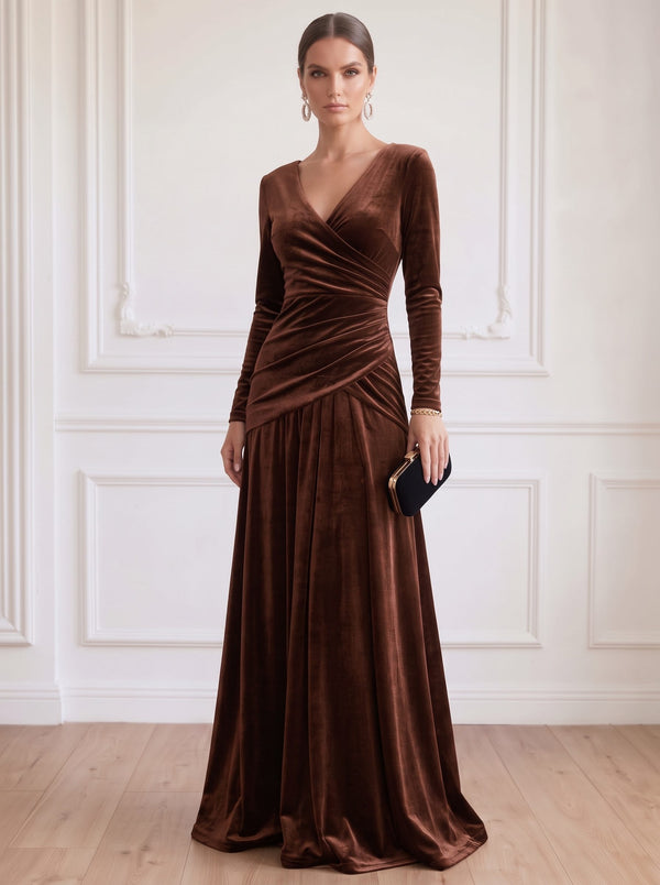 A-Line Velvet Evening Gown Floor Length V Neck Runched Brown Long Sleeves Elegant Formal Wedding Guest Dress