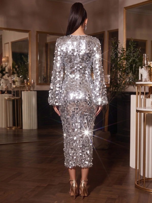A-Line Party Ankle Length Evening Dresses Sequins Boat Neck Long Sleeves Silver Formal Ankle Length Sparkly Party Dress