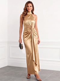 Sheath/Column Cocktail Dress Satin Halter Neck Sleeveless Ankle Length Gold Runched Formal Wedding Guest Dress