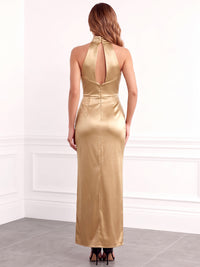 Sheath/Column Cocktail Dress Satin Halter Neck Sleeveless Ankle Length Gold Runched Formal Wedding Guest Dress