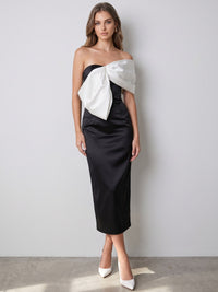 Sheath/Column Cocktaill Dresses Satin One Shoulder Black Colorblock Tea-Length Party Dress Wedding Guest Dress With Bow