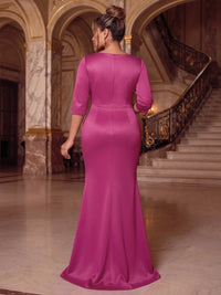 Sheath Evening Plus Size Dress Satin Fuchsia Square Neck Long Sleeves Floor Length Runched Formal Wedding Guest Dress With Ruffles