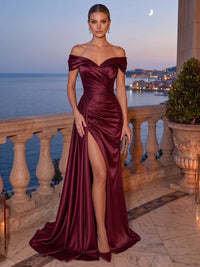 Mermaid Evening Dress Satin Off-The-Shoulder Sleeveless Floor Length Runched Burgundy Formal Wedding Guest Dress With High Slit Side Drape