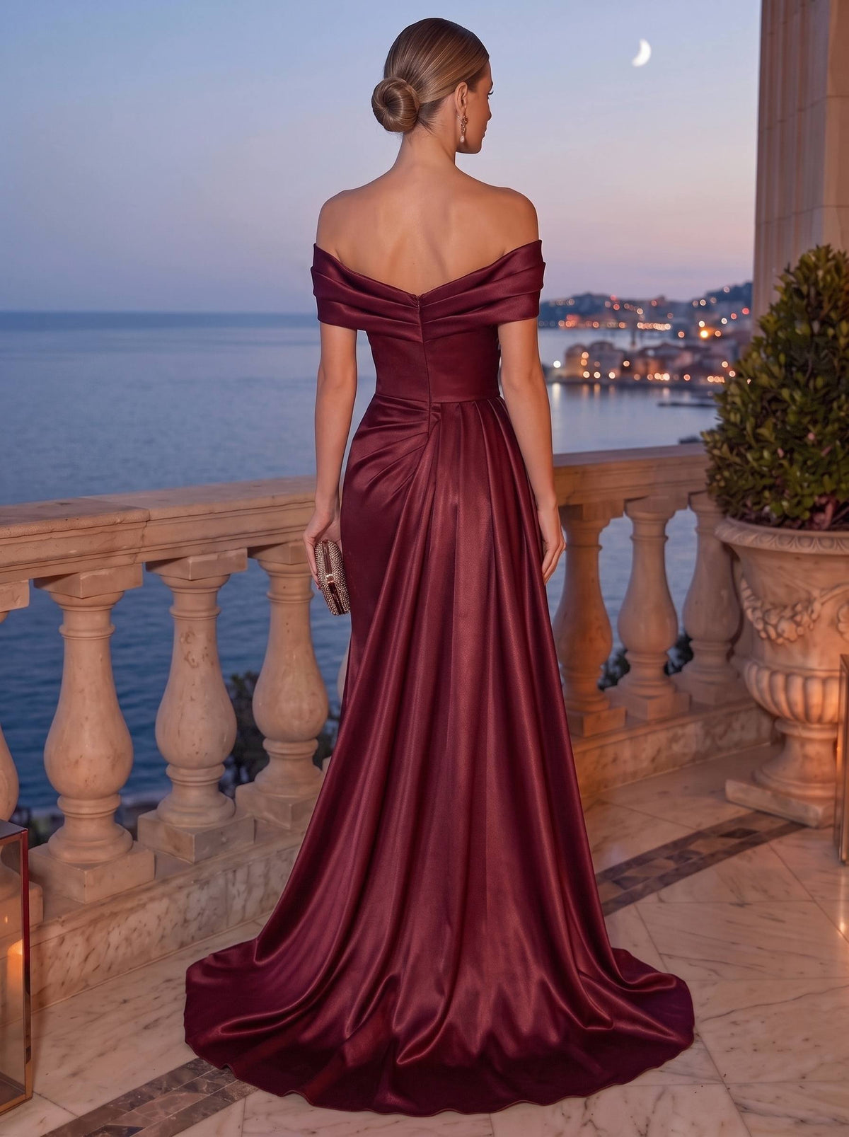 Mermaid Evening Dress Satin Off-The-Shoulder Sleeveless Floor Length Runched Burgundy Formal Wedding Guest Dress With High Slit Side Drape