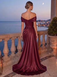 Mermaid Evening Dress Satin Off-The-Shoulder Sleeveless Floor Length Runched Burgundy Formal Wedding Guest Dress With High Slit Side Drape