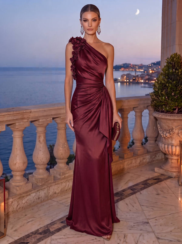 Sheath Evening Dress Satin One-Shoulder Sleeveless Floor Length Runched Burgundy Formal Wedding Guest Dress With Ruffles 3D Floral